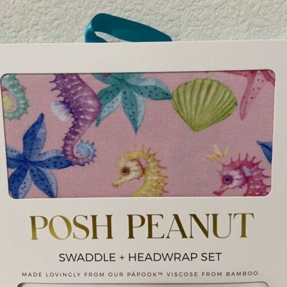 Posh Peanut Coral Seahorses Swaddle + Bow Headwrap Set Bamboo Pink NEW - Picture 2 of 5